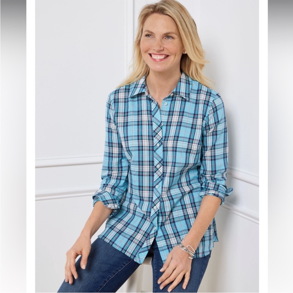 Talbots Button-Up Shirt Top Blouse Pink Black Green Plaid New With Tag, NWT